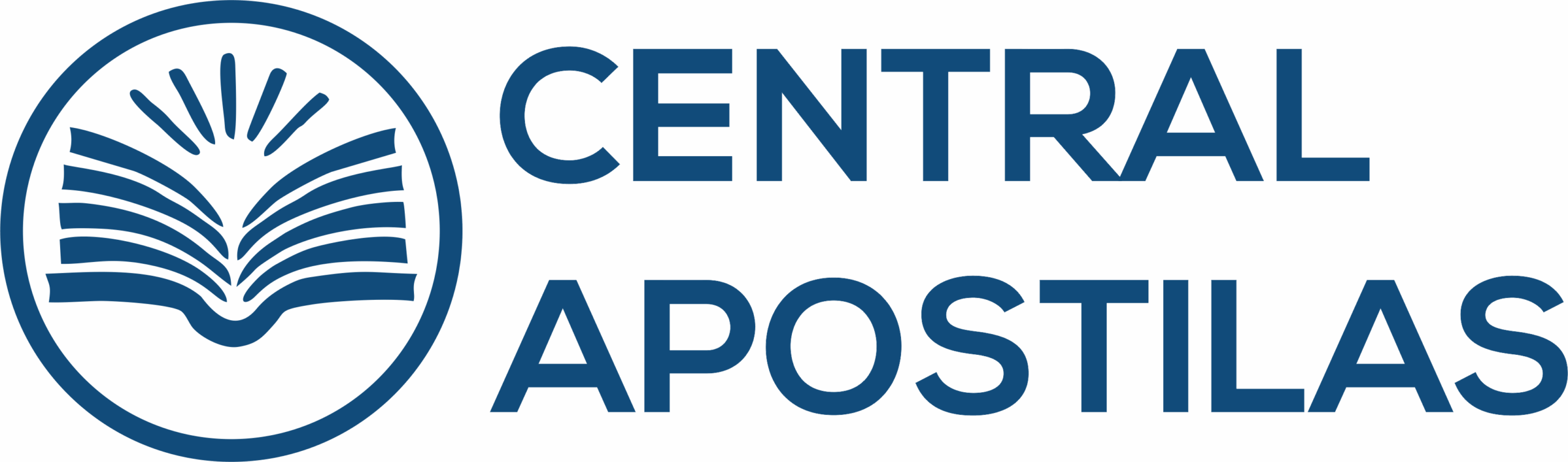 Logomarca do site Central Apostilas com um ícone de livro aberto em tons de azul e branco, representando educação e aprendizado, acompanhado do nome Central Apostilas em uma fonte moderna e profissional.